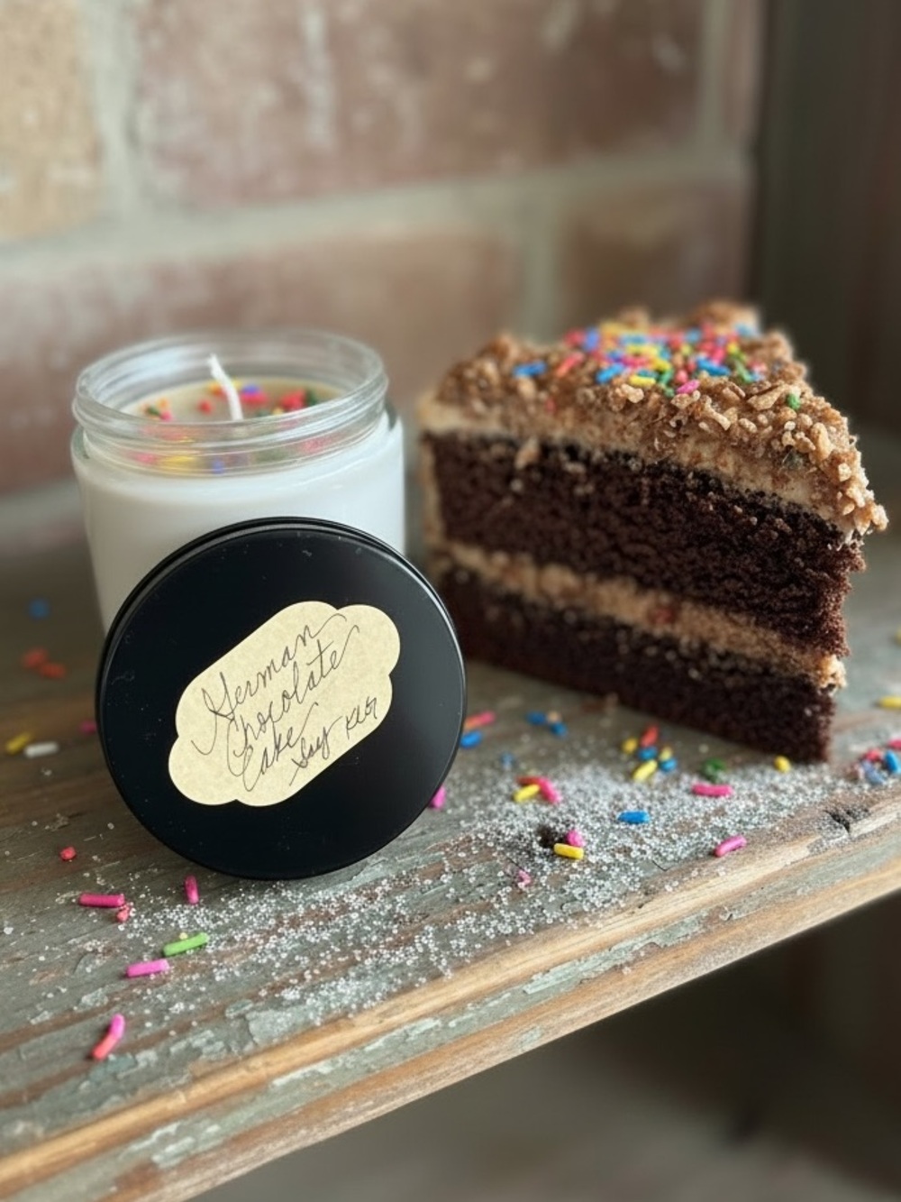 Handmade Handpoured German Chocolate Cake- 8 oz Soy Jar Candle & sprinkles 
NWT
